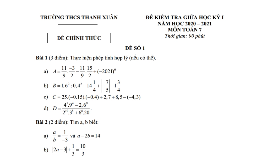 Toán 7: Đề kiểm tra giữa học kỳ 1. Trường THCS Thanh Xuân Nam năm học 2020-2021